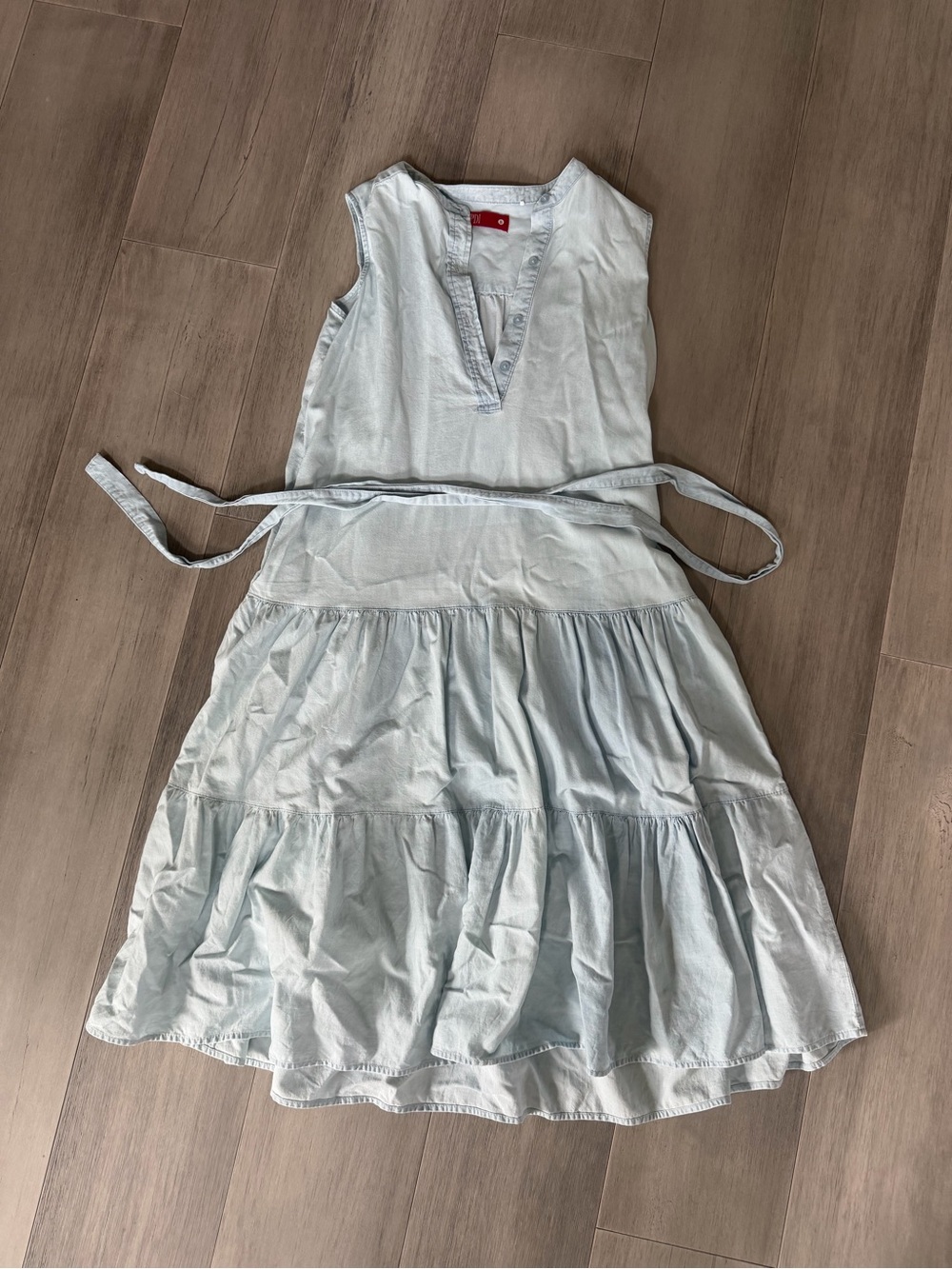 Light Blue Sleeveless Tiered Cotton Dress with Waist Tie